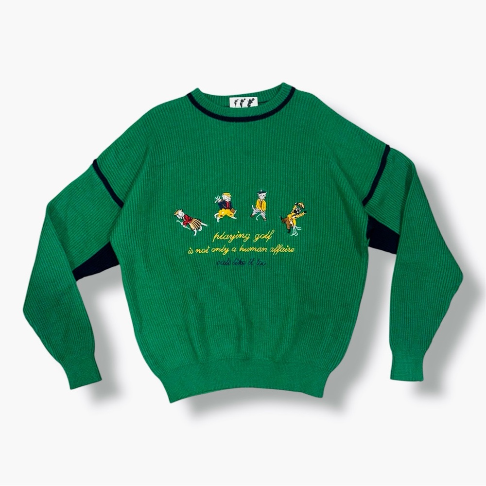 Golfino Green Crewneck Sweater with Kitty Cartoon Design ⛳️